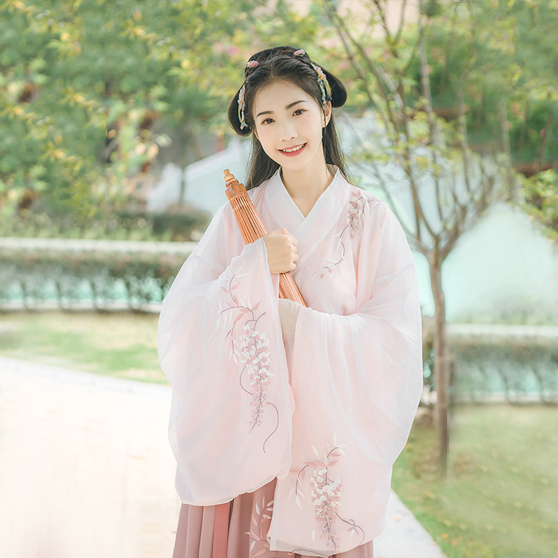 小清新粉色紫藤蘿刺繡漢服，大袖交領(lǐng)襦裙?jié)h服