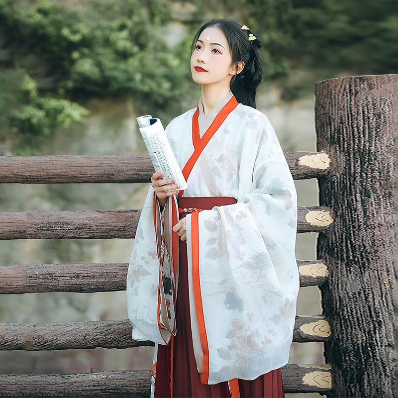 魏晉風(fēng)大袖交領(lǐng)襦裙?jié)h服，松葉水墨印花漢服