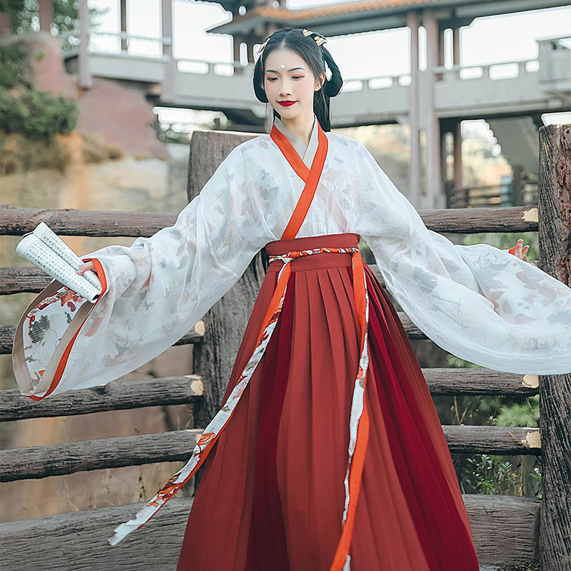 魏晉風(fēng)大袖交領(lǐng)襦裙?jié)h服，松葉水墨印花漢服