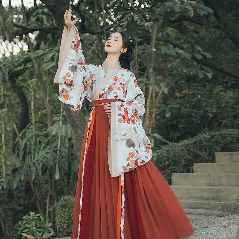 魏晉風(fēng)大袖交領(lǐng)襦裙?jié)h服，松葉水墨印花漢服