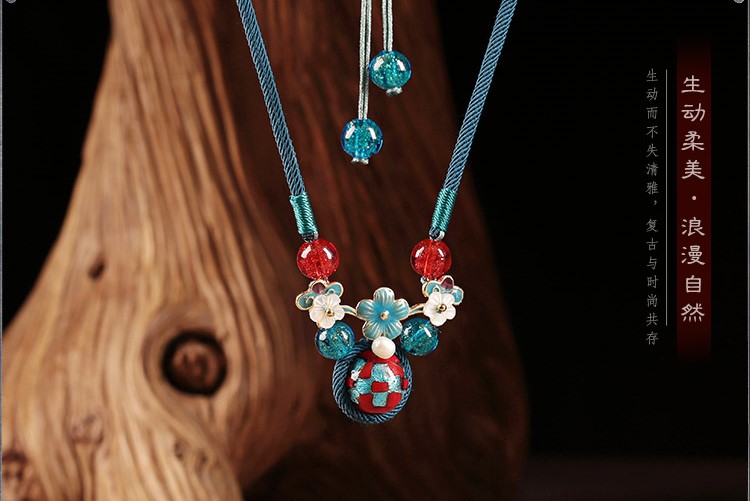 藍(lán)色琉璃吊墜家佳樂文學(xué)鎖骨鏈，古風(fēng)簡約花朵項鏈