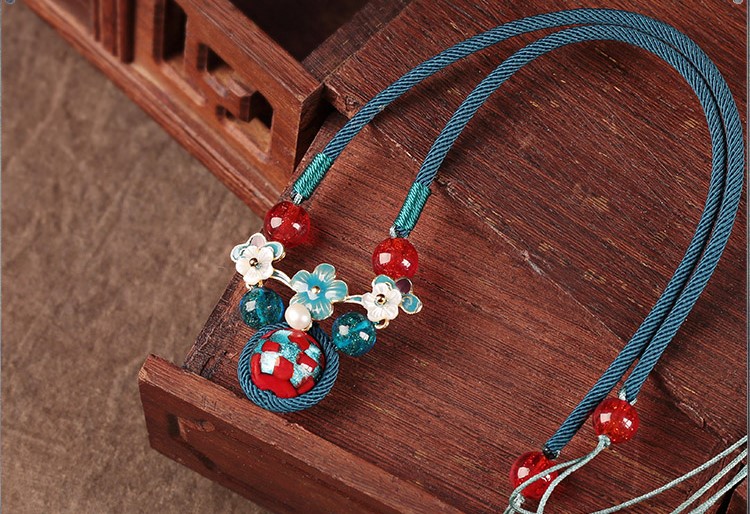 藍(lán)色琉璃吊墜家佳樂文學(xué)鎖骨鏈，古風(fēng)簡約花朵項鏈