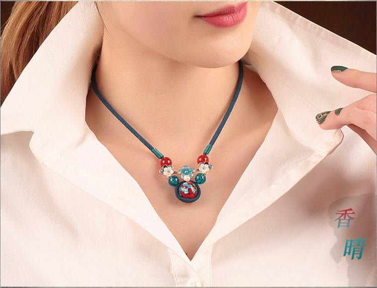 藍(lán)色琉璃吊墜家佳樂文學(xué)鎖骨鏈，古風(fēng)簡約花朵項鏈