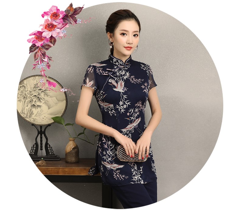 祥鶴印花中式旗袍，唐風(fēng)茶服旗袍上衣圖片