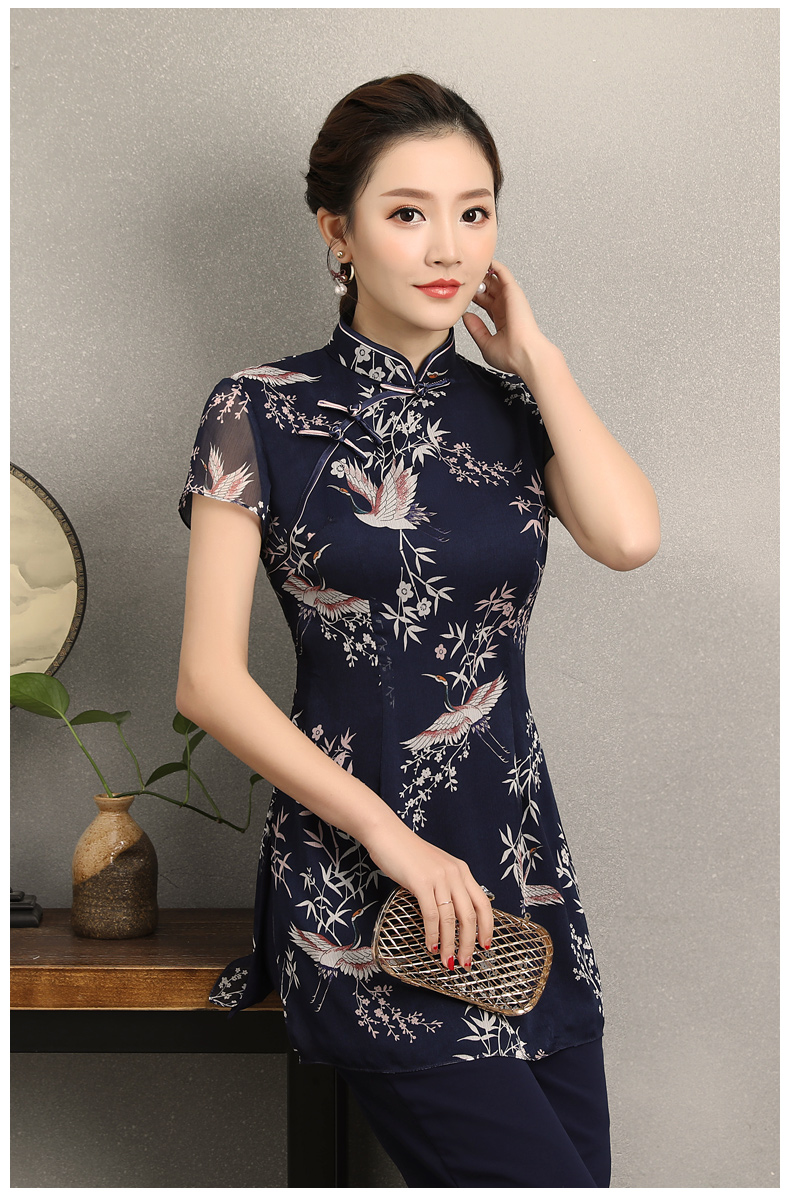 祥鶴印花中式旗袍，唐風(fēng)茶服旗袍上衣圖片