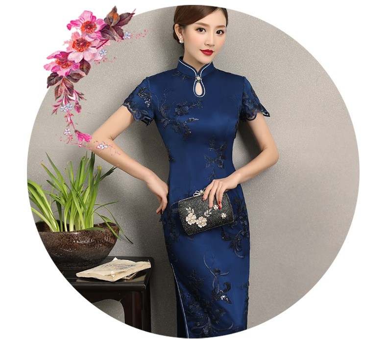 蘭蕓蕾絲繡花旗袍，優(yōu)雅知性短袖旗袍圖片