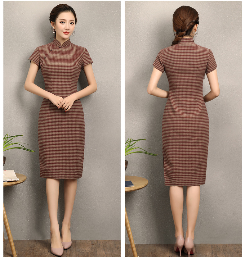 民國風(fēng)復(fù)古格子旗袍，改良棉麻短袖旗袍圖片