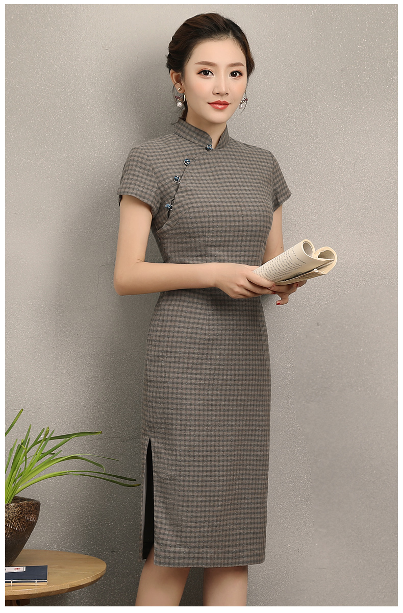 民國風(fēng)復(fù)古格子旗袍，改良棉麻短袖旗袍圖片