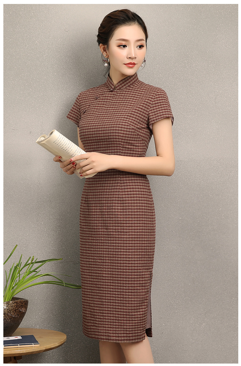 民國風(fēng)復(fù)古格子旗袍，改良棉麻短袖旗袍圖片