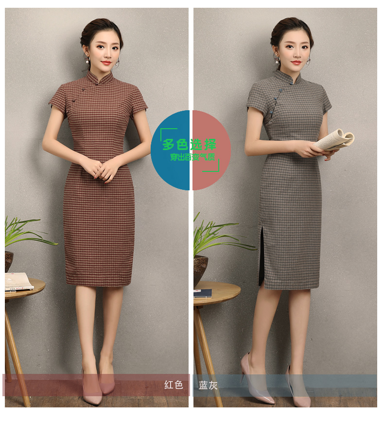 民國風(fēng)復(fù)古格子旗袍，改良棉麻短袖旗袍圖片