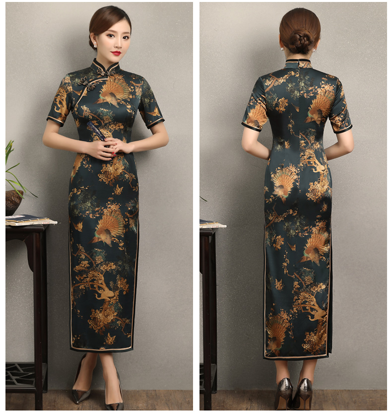 墨綠印花復(fù)古短袖旗袍，優(yōu)雅浪漫旗袍圖片