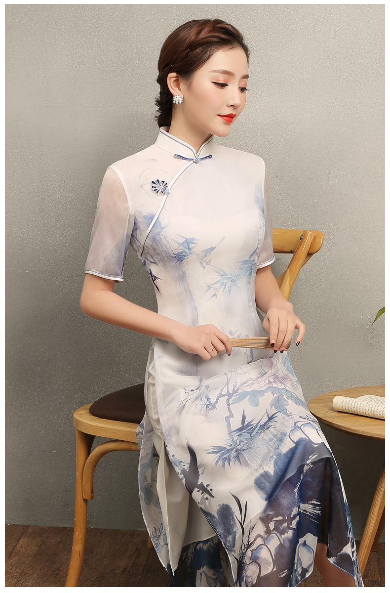 藍(lán)伊水墨印花旗袍，中式修身短袖旗袍裙