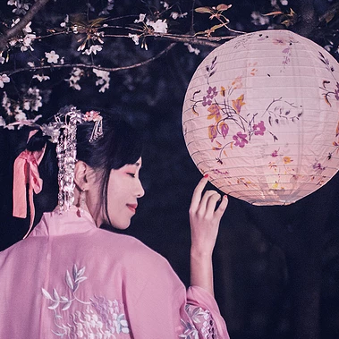 夜晚粉櫻帶燈女生頭像，唯美古風(fēng)真人頭像