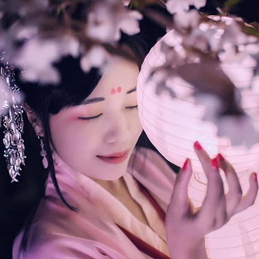 夜晚粉櫻帶燈女生頭像，唯美古風(fēng)真人頭像