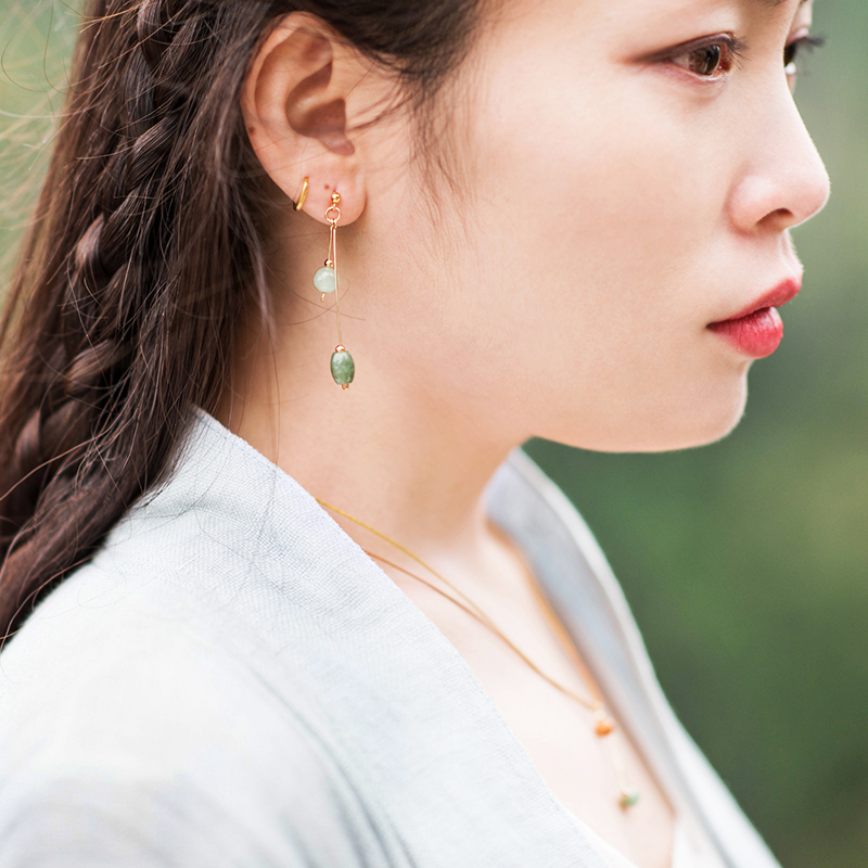 清新微雨耳環(huán)，天然冰種翡翠9K金珠耳釘首飾
