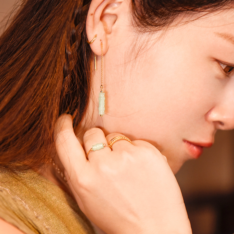 知竹系列耳環(huán)，天然竹節(jié)翡翠9K金耳針首飾