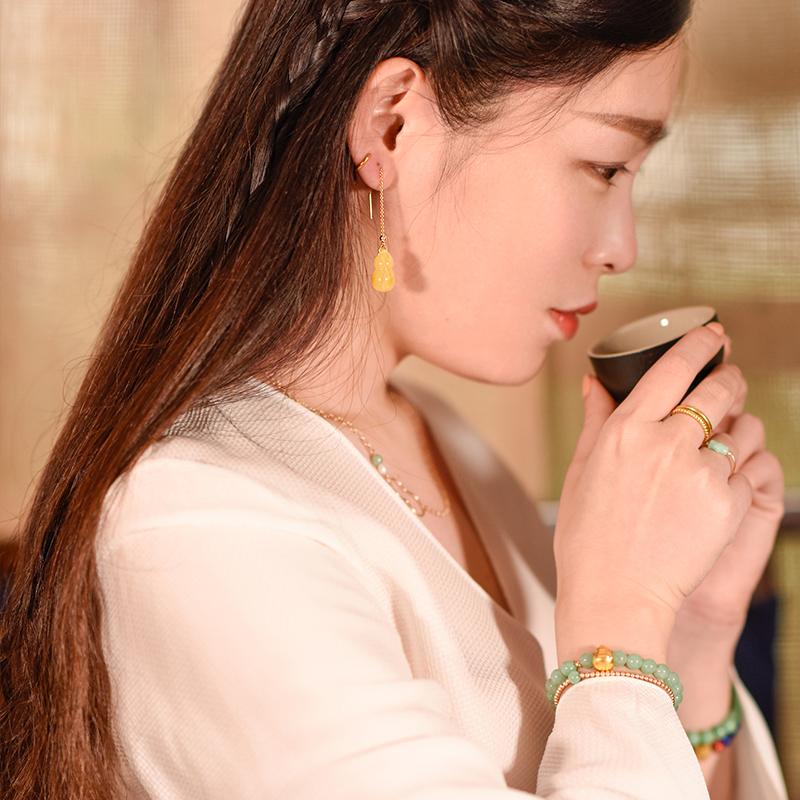 福祿蜜蠟葫蘆耳環(huán)，天然蜜蠟9K金耳線首飾