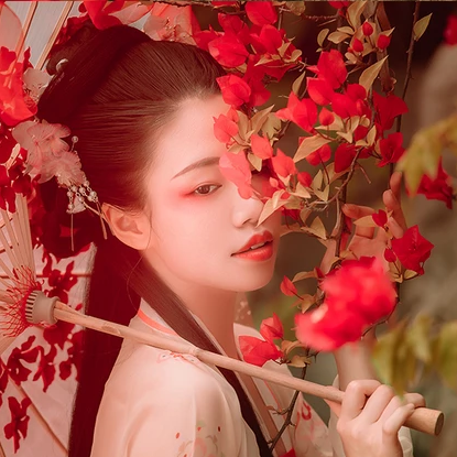 花間佳人帶傘女生頭像，唯美古風(fēng)真人頭像