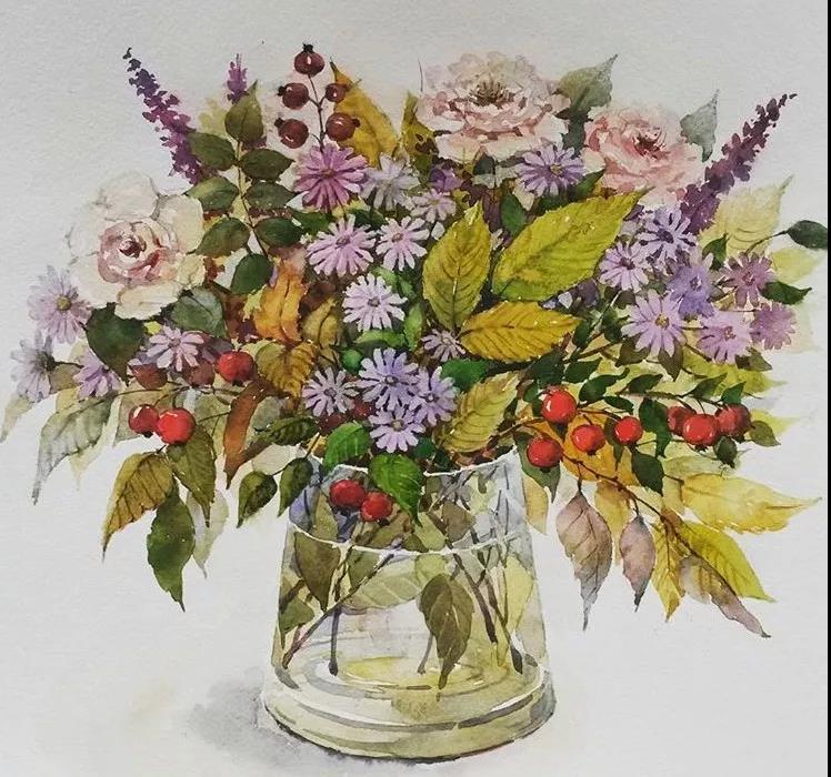 花團(tuán)錦簇時(shí)尚水彩插畫，唯美花卉插畫圖片