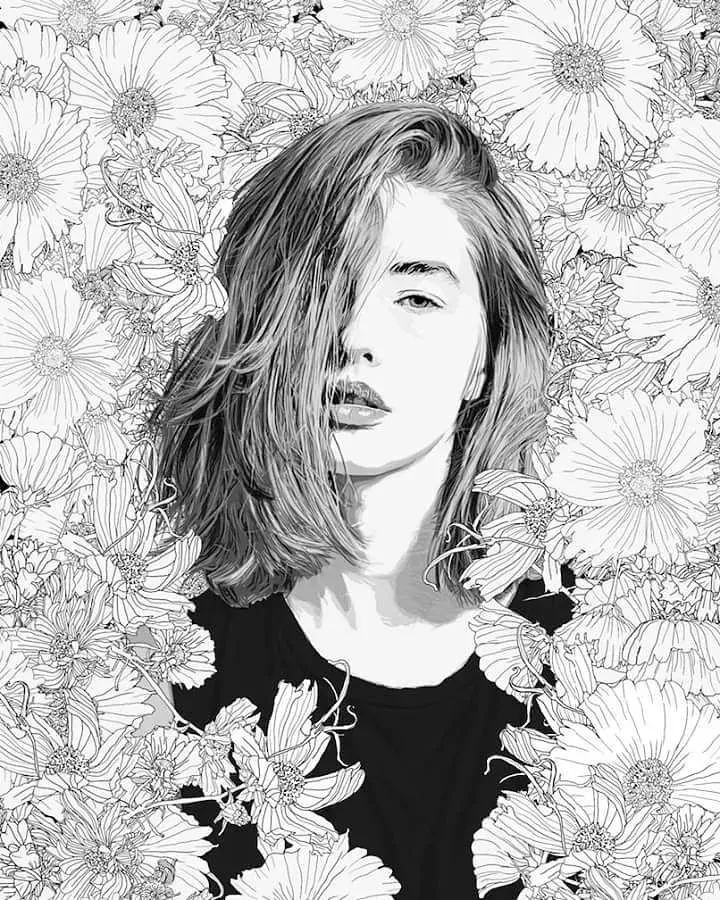 美人與花插畫：用線條淋漓盡致展現(xiàn)女性魅力！