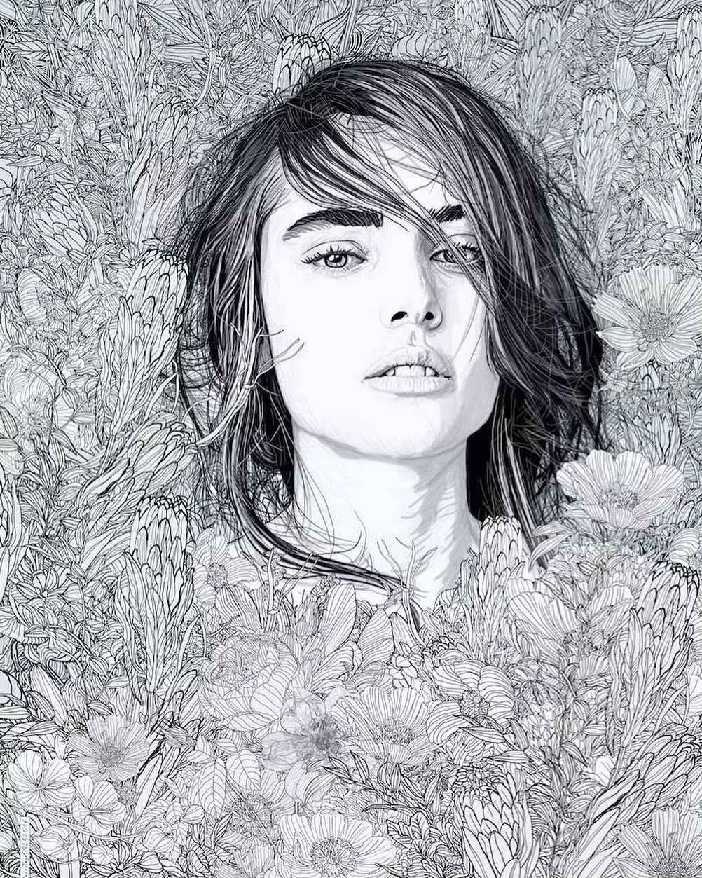 美人與花插畫(huà)：用線條淋漓盡致展現(xiàn)女性魅力！