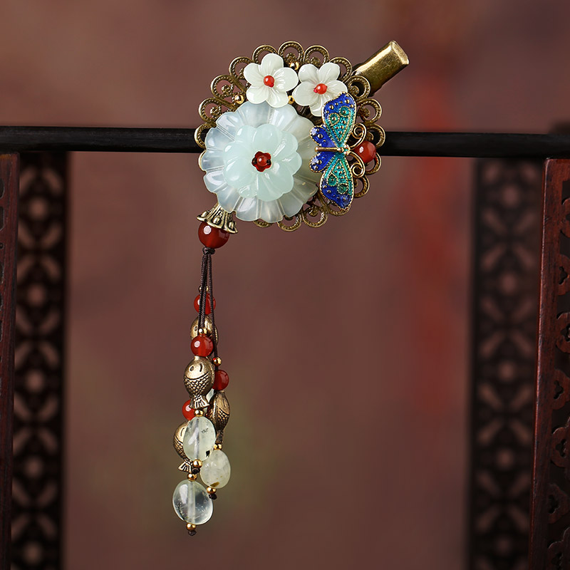 岫玉花朵發(fā)夾，復(fù)古流蘇發(fā)夾頭飾