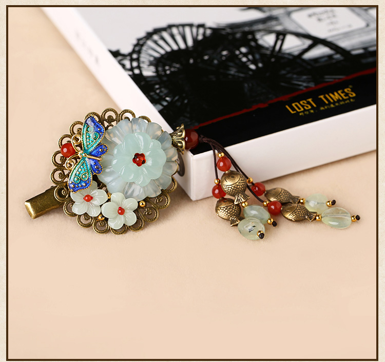 岫玉花朵發(fā)夾，復(fù)古流蘇發(fā)夾頭飾