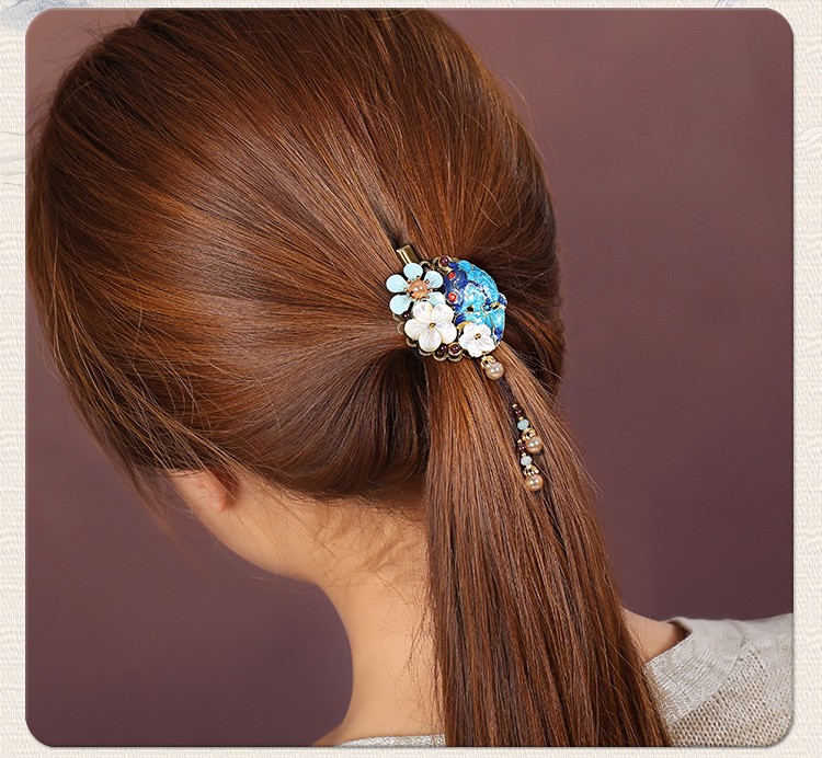 貝殼花朵流蘇小發(fā)夾，古風藍魚兒發(fā)夾頭飾