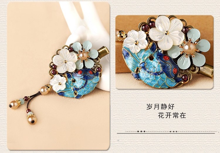 貝殼花朵流蘇小發(fā)夾，古風藍魚兒發(fā)夾頭飾