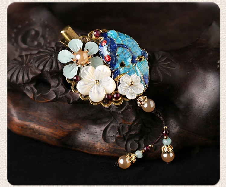 貝殼花朵流蘇小發(fā)夾，古風藍魚兒發(fā)夾頭飾