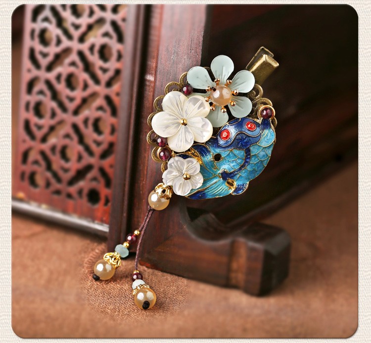 貝殼花朵流蘇小發(fā)夾，古風藍魚兒發(fā)夾頭飾