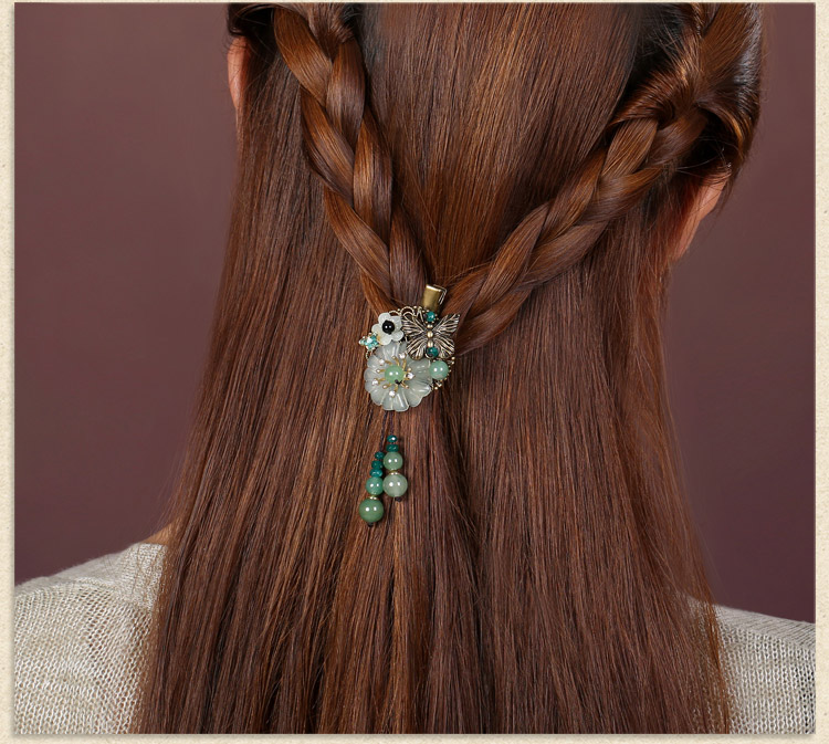 古銅花朵流蘇小發(fā)夾，岫玉花朵發(fā)夾頭飾