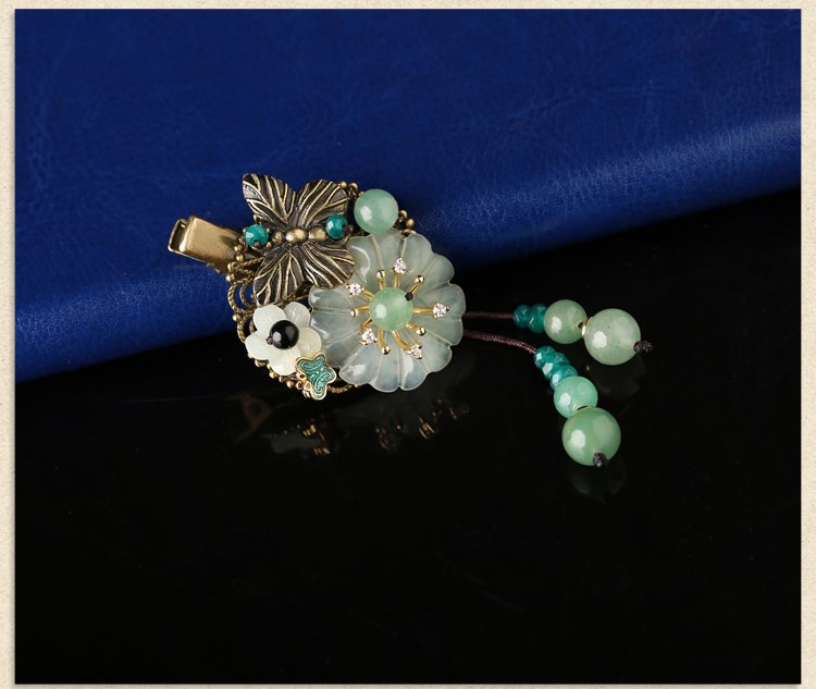 古銅花朵流蘇小發(fā)夾，岫玉花朵發(fā)夾頭飾
