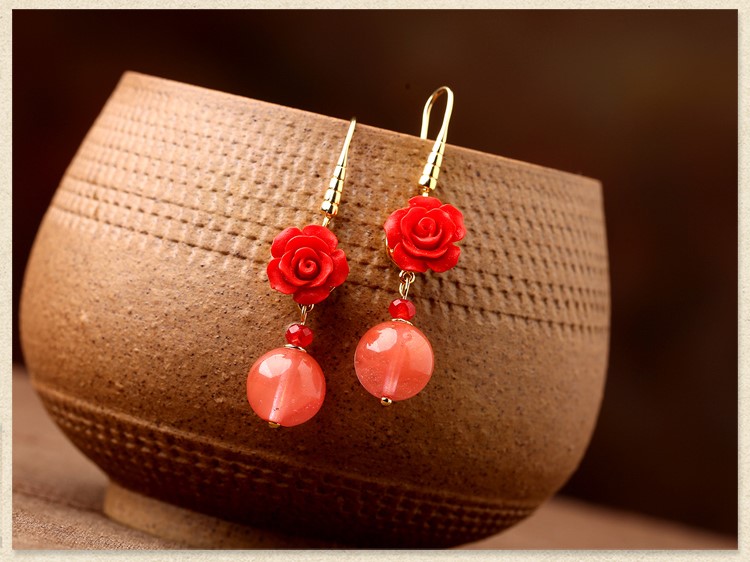 鮮紅玫瑰花耳環(huán)，精致古風(fēng)氣質(zhì)甜美耳環(huán)首飾