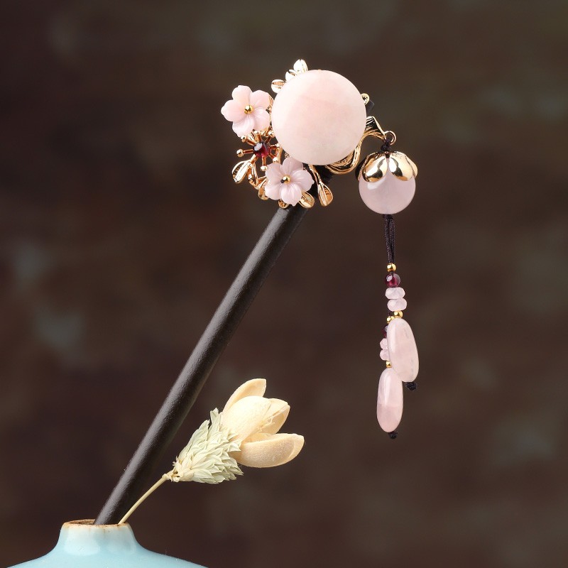 櫻戀粉雪發(fā)簪，氣質(zhì)小清新粉水晶簪子頭飾