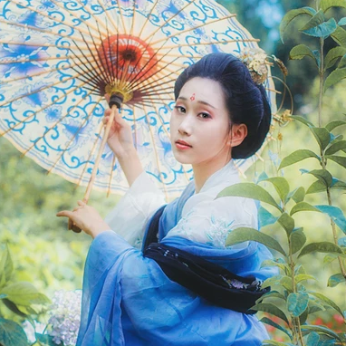 藍(lán)顏花艷帶傘女生頭像，唯美古風(fēng)真人頭像