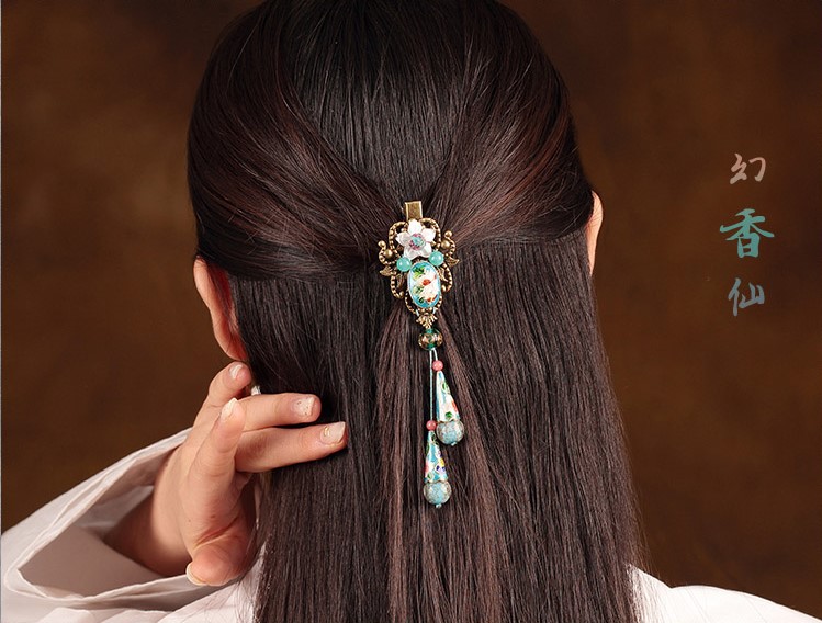 清悠靜雅幻香仙發(fā)夾，古典景泰藍(lán)發(fā)飾頭飾