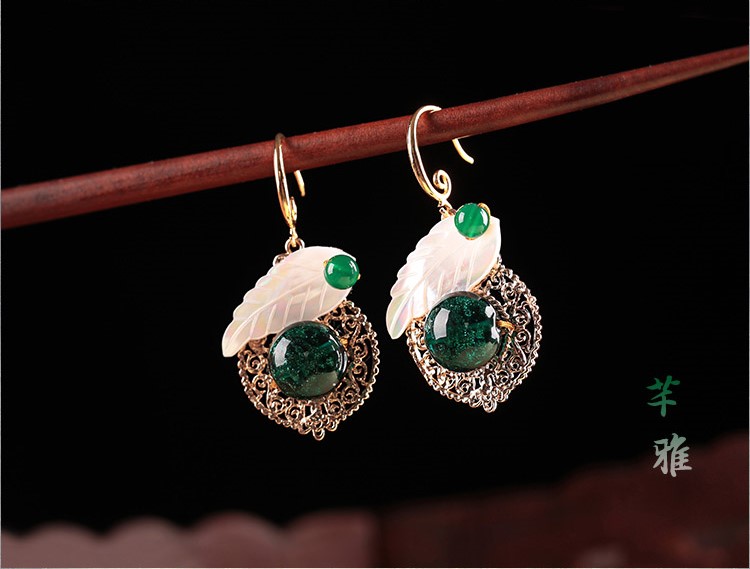 貝殼樹葉琉璃耳墜首飾，古風(fēng)氣質(zhì)清新耳環(huán)
