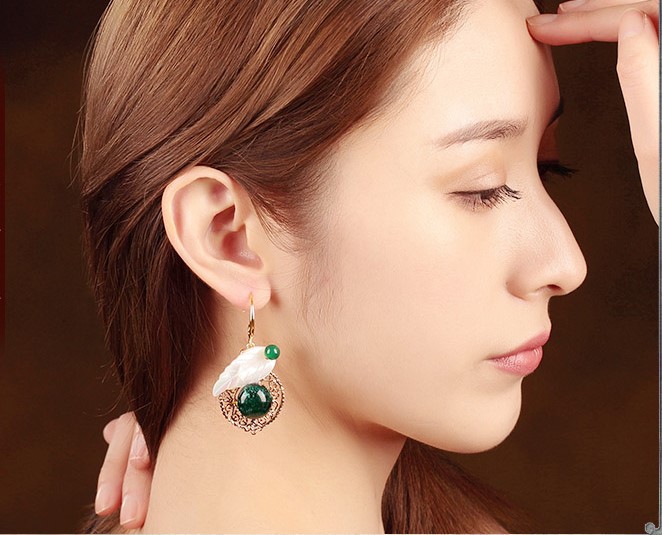 貝殼樹葉琉璃耳墜首飾，古風(fēng)氣質(zhì)清新耳環(huán)