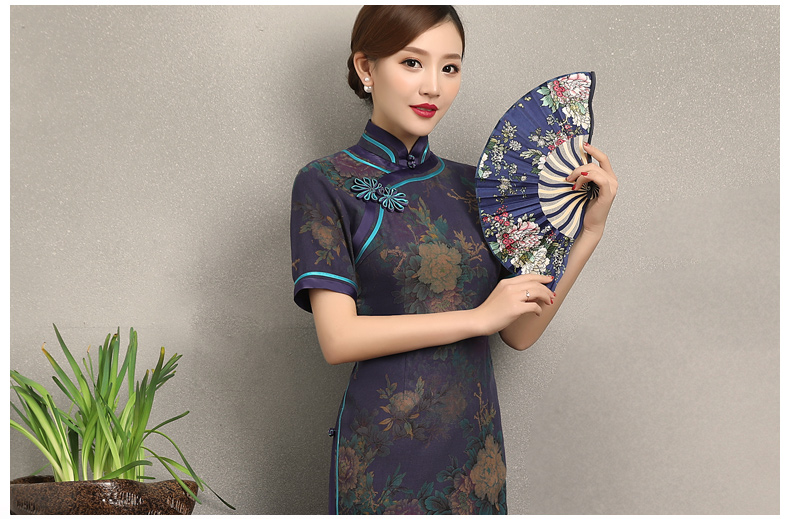 紫韻真絲香云紗旗袍，復古改良短袖旗袍裙