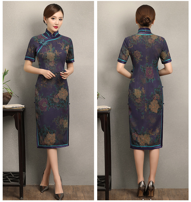 紫韻真絲香云紗旗袍，復古改良短袖旗袍裙