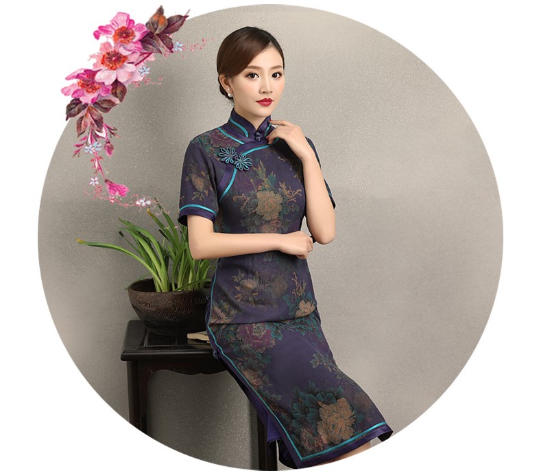 紫韻真絲香云紗旗袍，復古改良短袖旗袍裙