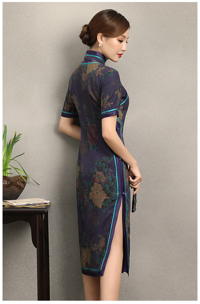 紫韻真絲香云紗旗袍，復古改良短袖旗袍裙