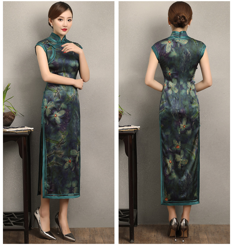 墨綠碧枝印花旗袍，復(fù)古改良短袖長款旗袍裙