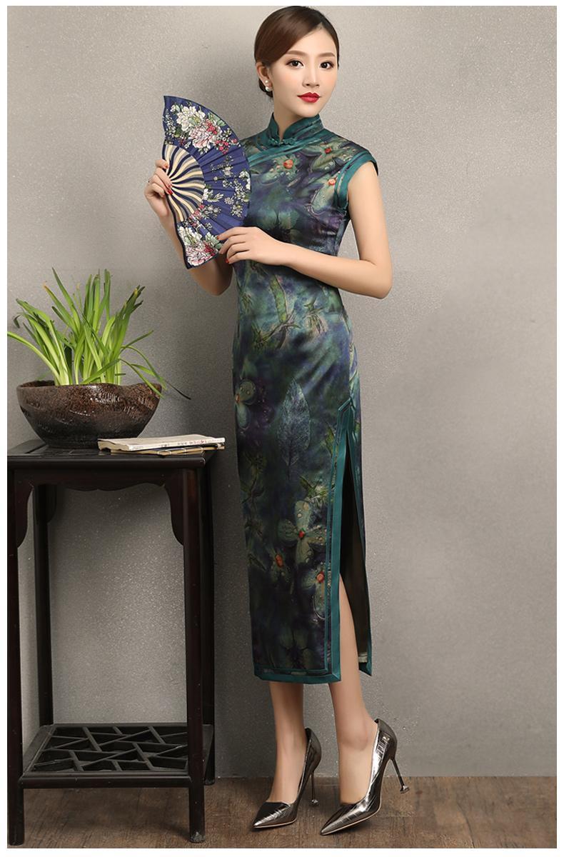 墨綠碧枝印花旗袍，復(fù)古改良短袖長款旗袍裙