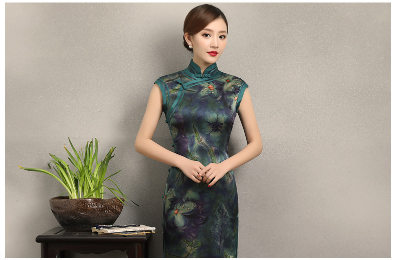 墨綠碧枝印花旗袍，復(fù)古改良短袖長款旗袍裙