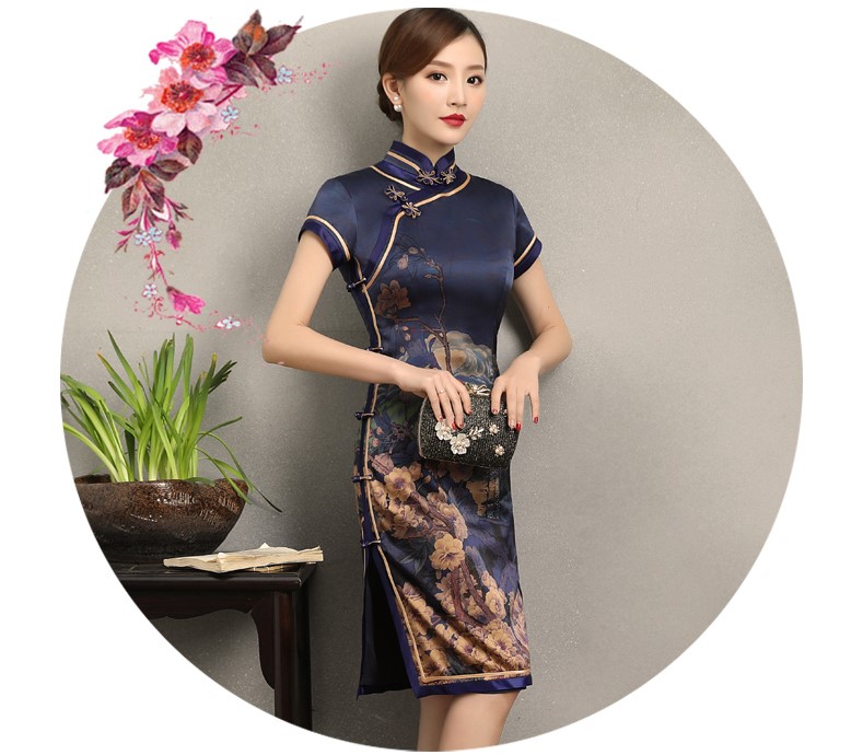 嫻云真絲旗袍，氣質(zhì)印花雅致旗袍裙