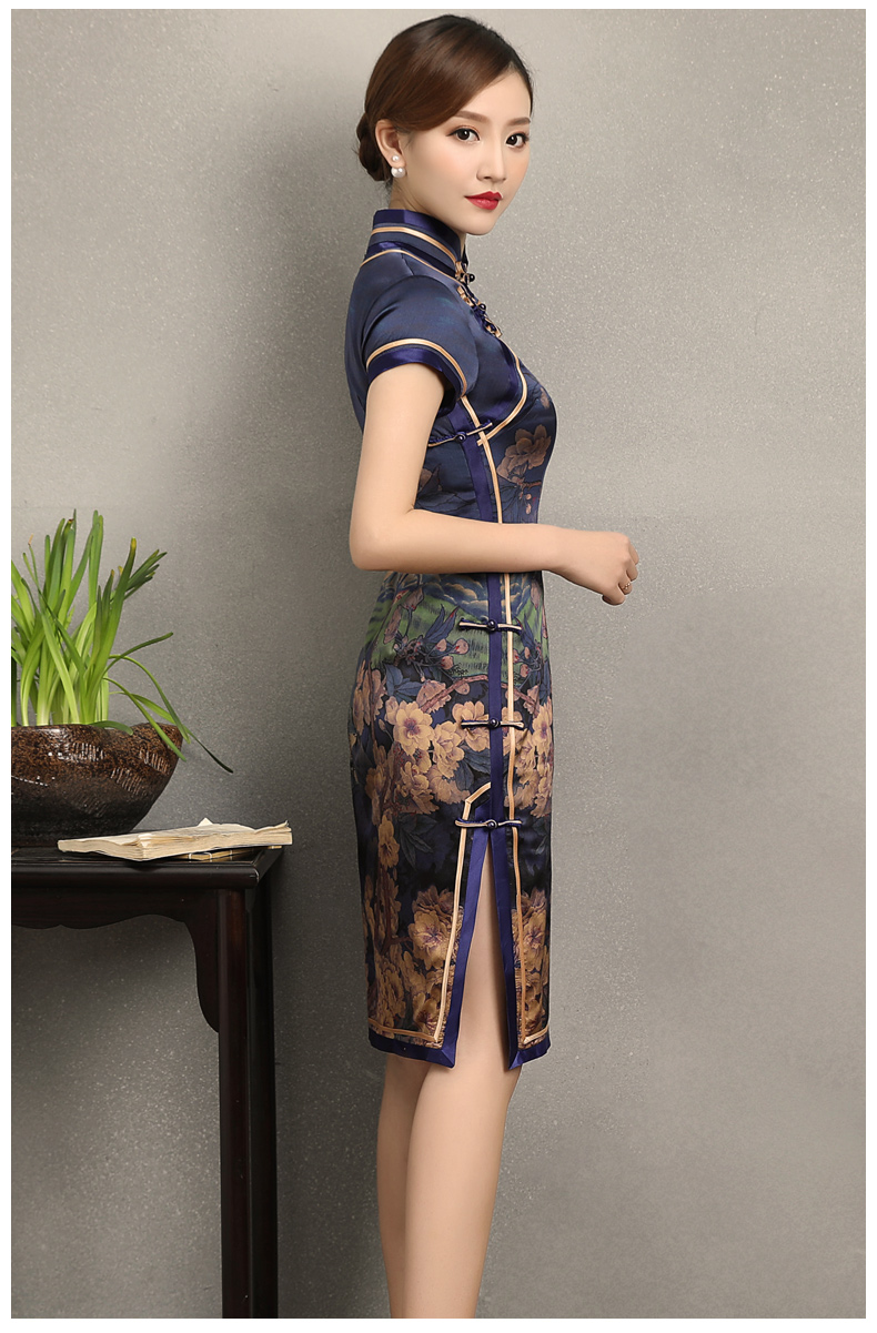 嫻云真絲旗袍，氣質(zhì)印花雅致旗袍裙