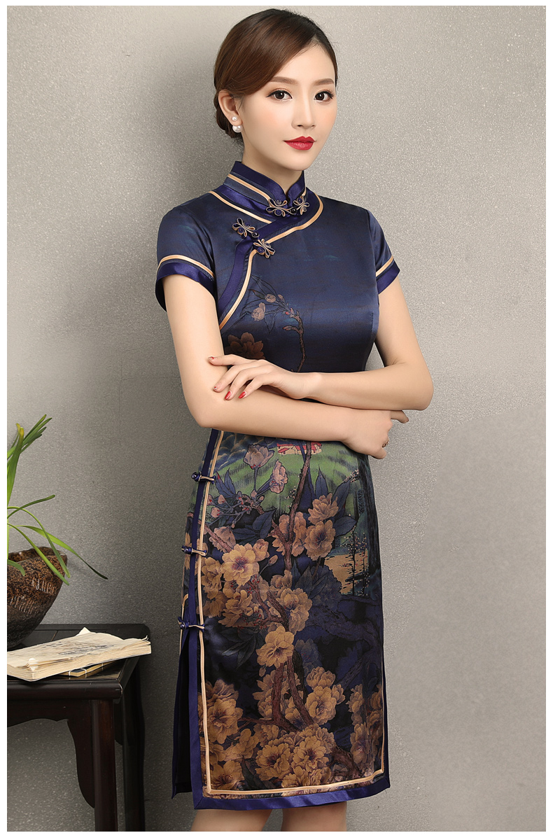 嫻云真絲旗袍，氣質(zhì)印花雅致旗袍裙