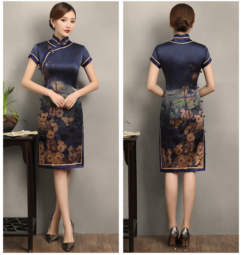嫻云真絲旗袍，氣質(zhì)印花雅致旗袍裙